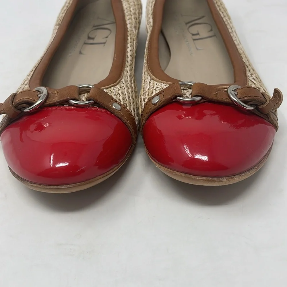 AGL Attilio Giusti Leombruni Red Patent Tan Straw Woven Ballet Flats Size 37